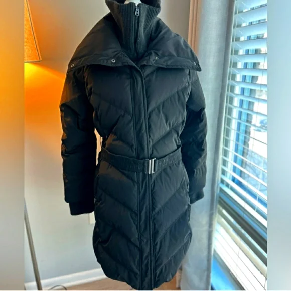 100% Down Puffer Longline Coat> black, high dual collar - Picture 4 of 13